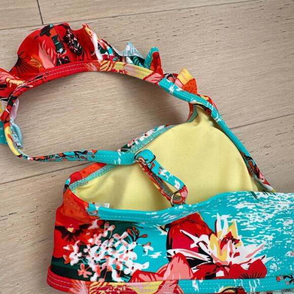 RELLECIGA Floral Ruffle Triangle Bikini Top + Red Thong Bottom Set S/M - Picture 5 of 9